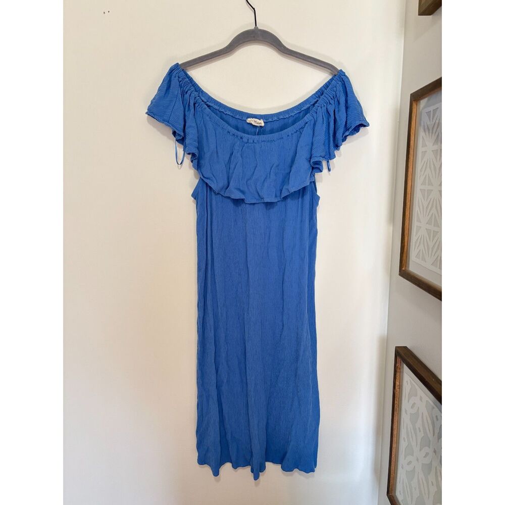 52Seven Blue Off Shoulder Ruffle Maxi Dress‎ Boho Beach L Coastal Resort Summer
